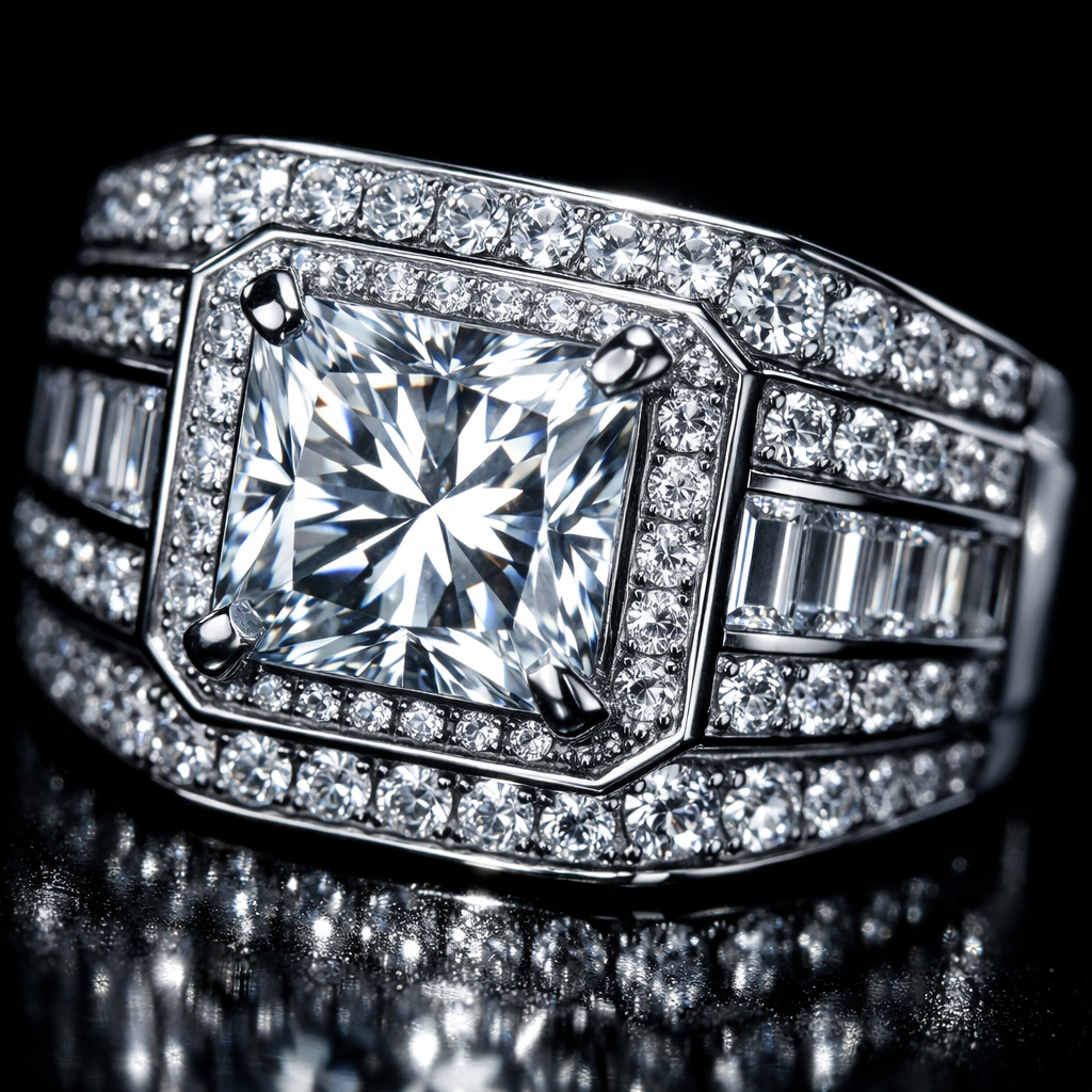 Moissanite Sterling Silver Men's Ring - close-up
