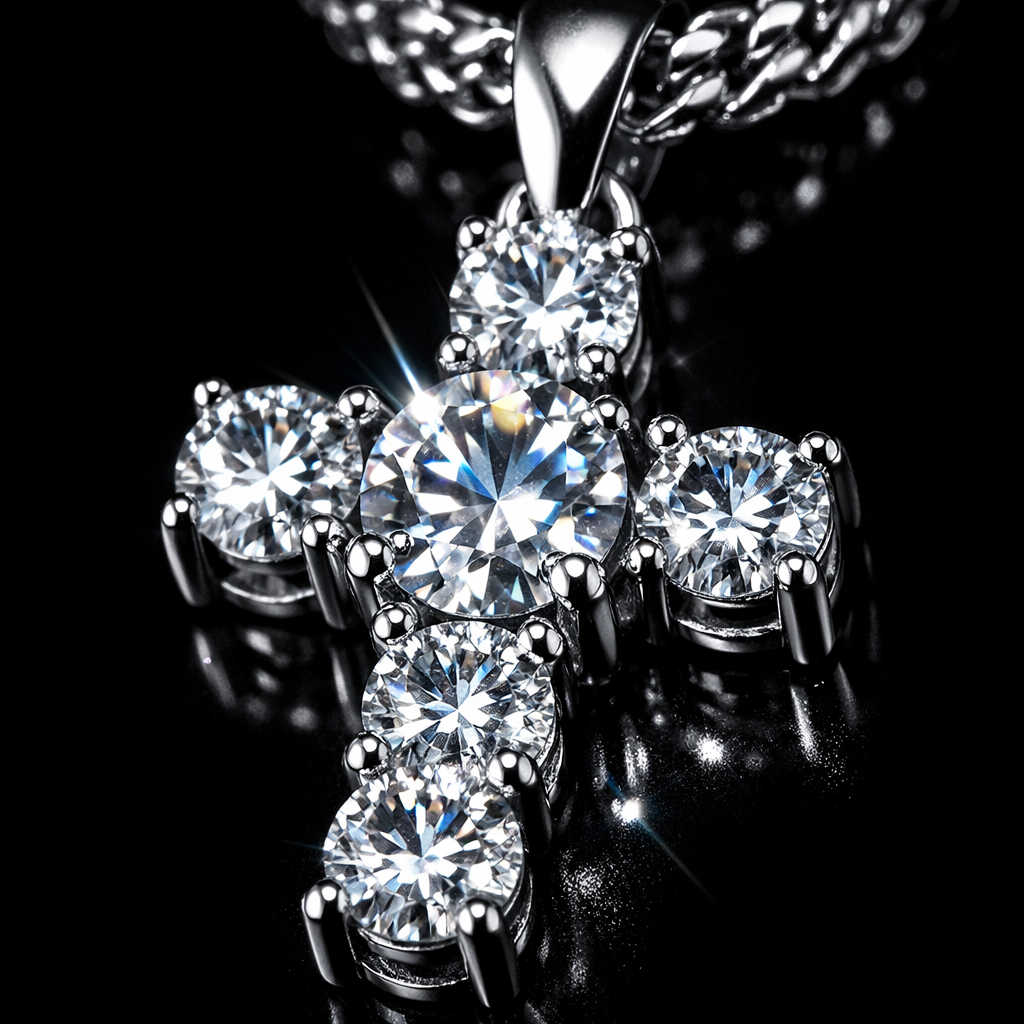 Moissanite Cross Pendant Necklace - 4mm - close-up