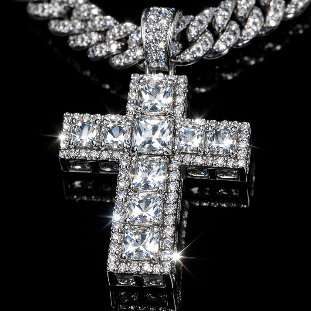 Layered Moissanite Cross Pendant - close-up