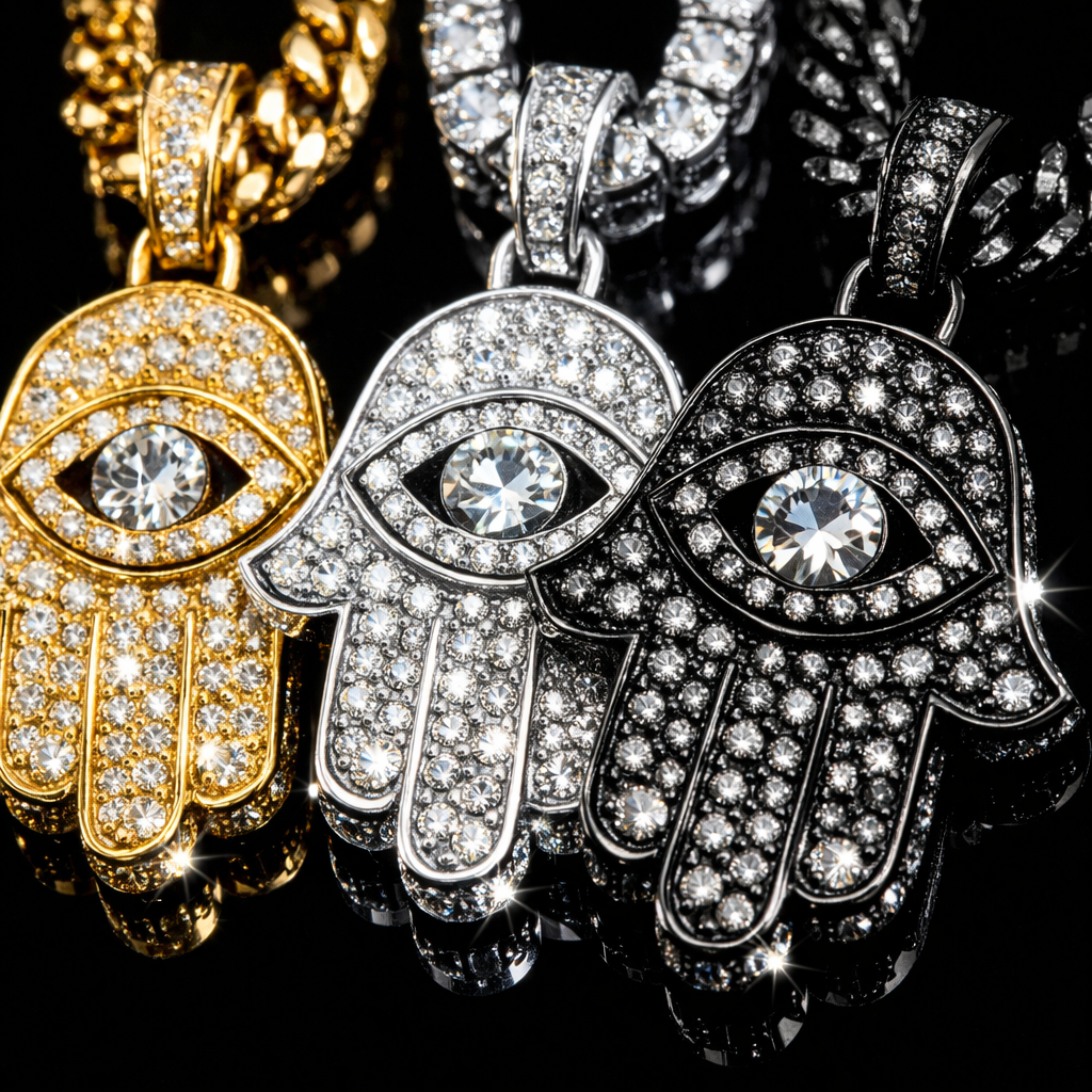 Moissanite Hamsa Pendant Necklace - close-up