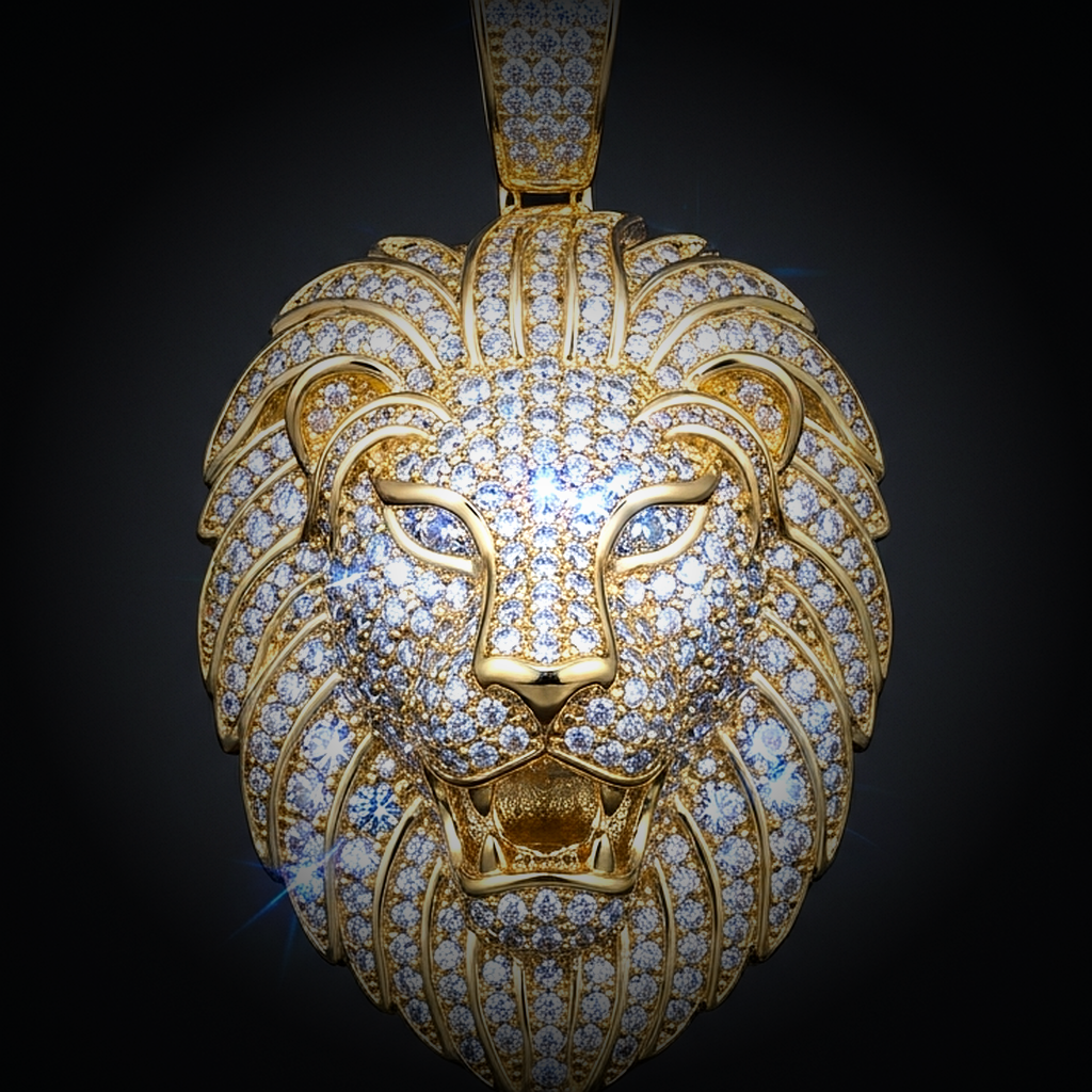 Iced Lion Head Pendant - close-up