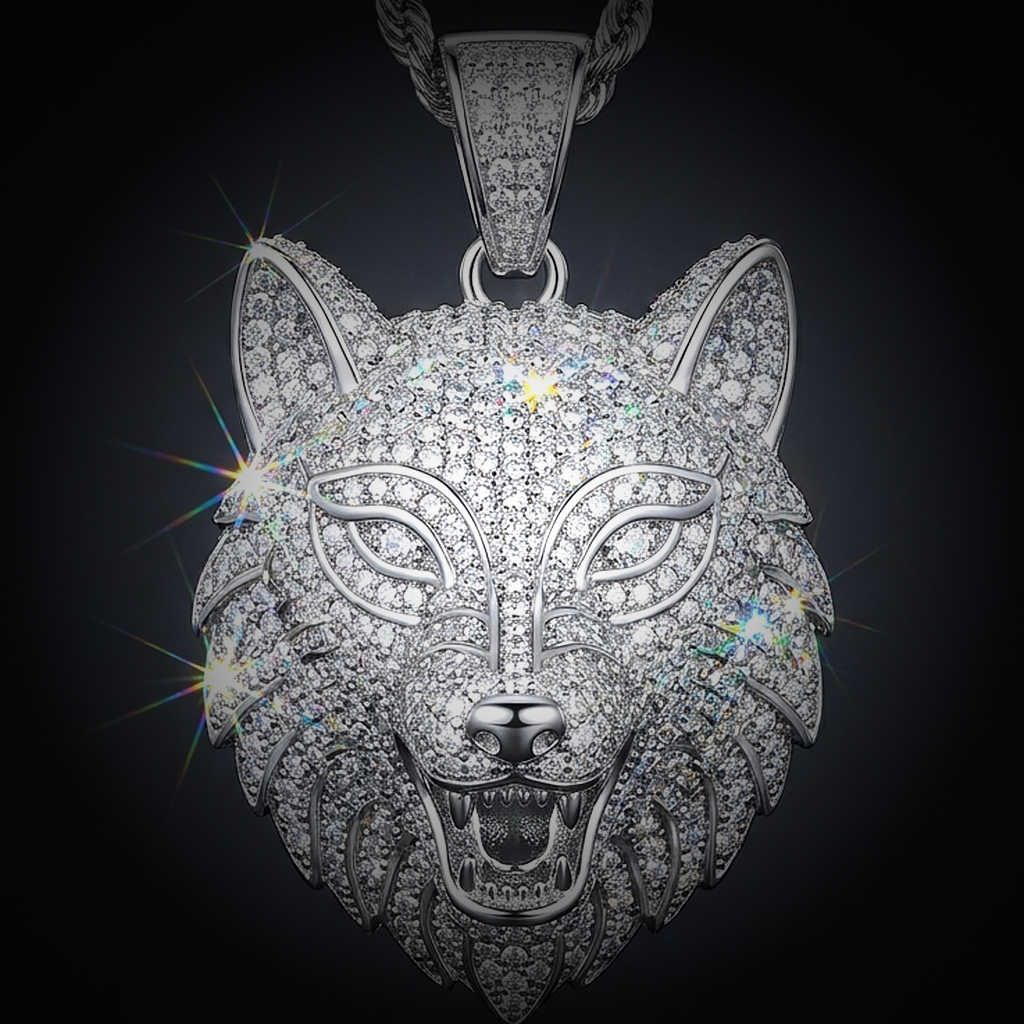 Iced Wolf Pendant - close-up