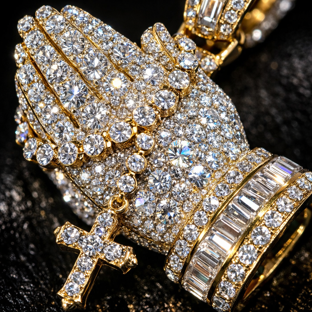 Moissanite Praying Hands Pendant - macro