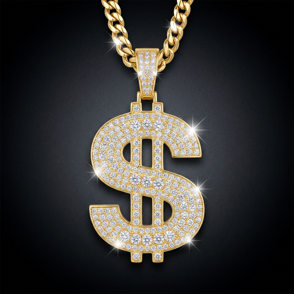 Iced Dollar Sign Pendant in gold paved with moissanite