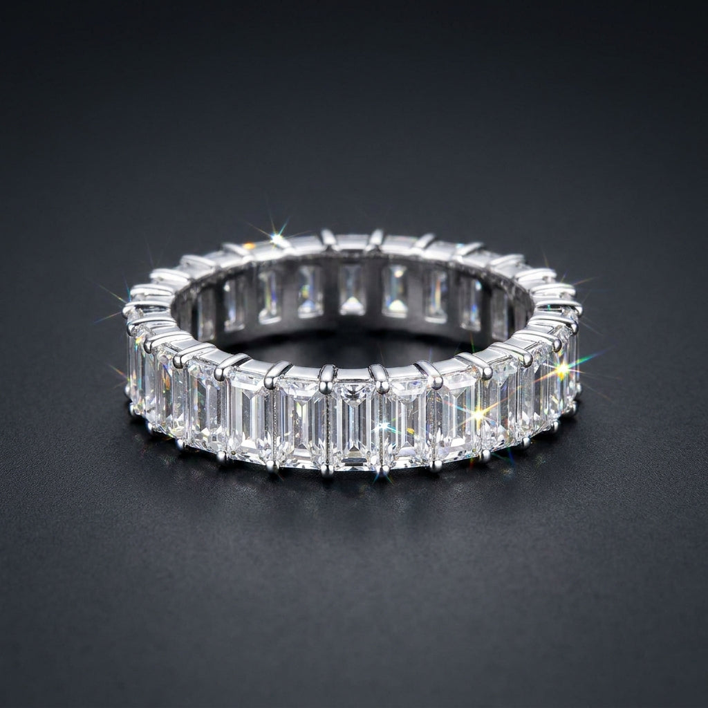 Moissanite Baguette Eternity Ring in sterling silver
