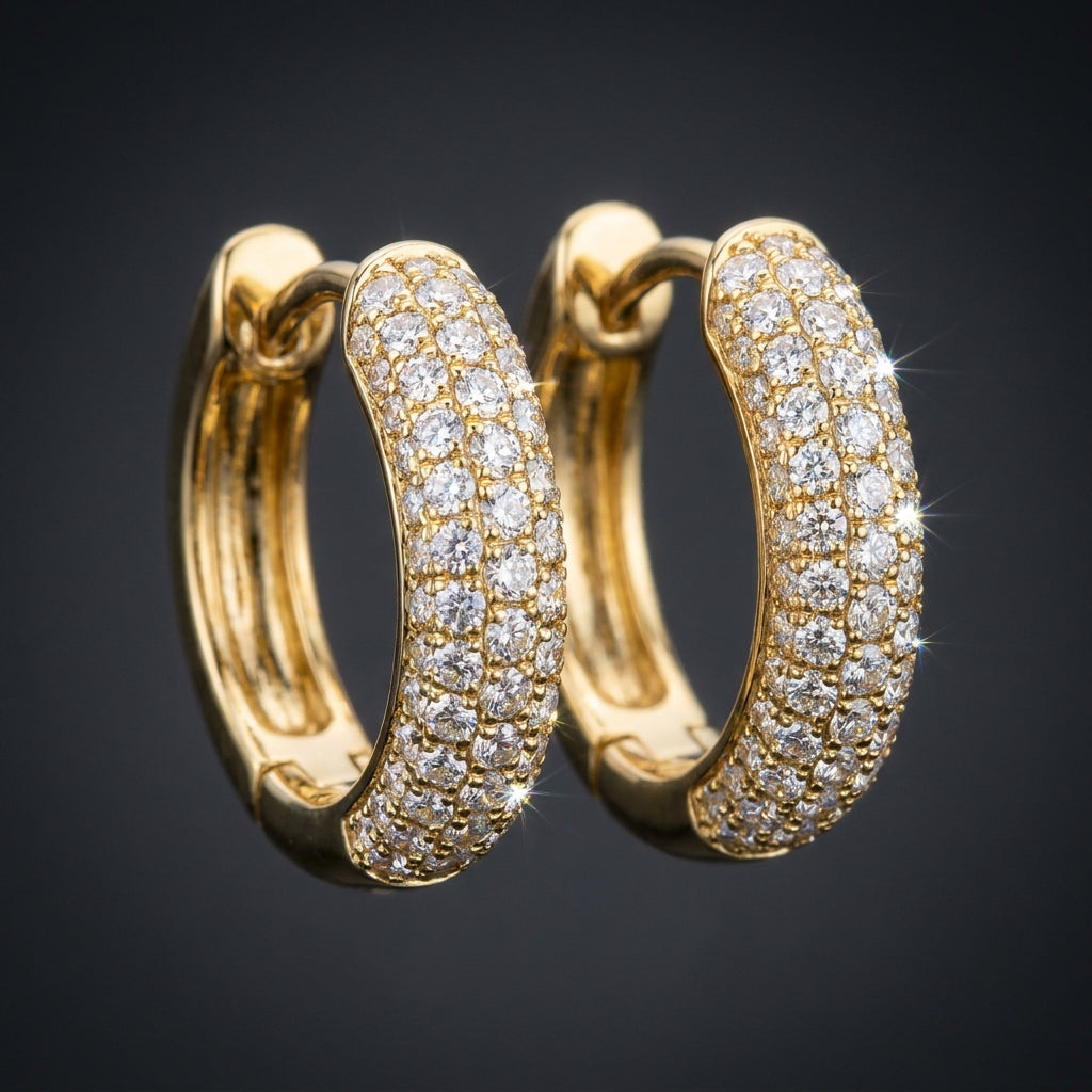 Iced Huggie Hoop Earrings in gold paved with moissanite