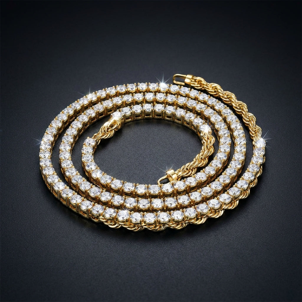 Iced Rope Chain Necklace in gold paved with moissanite