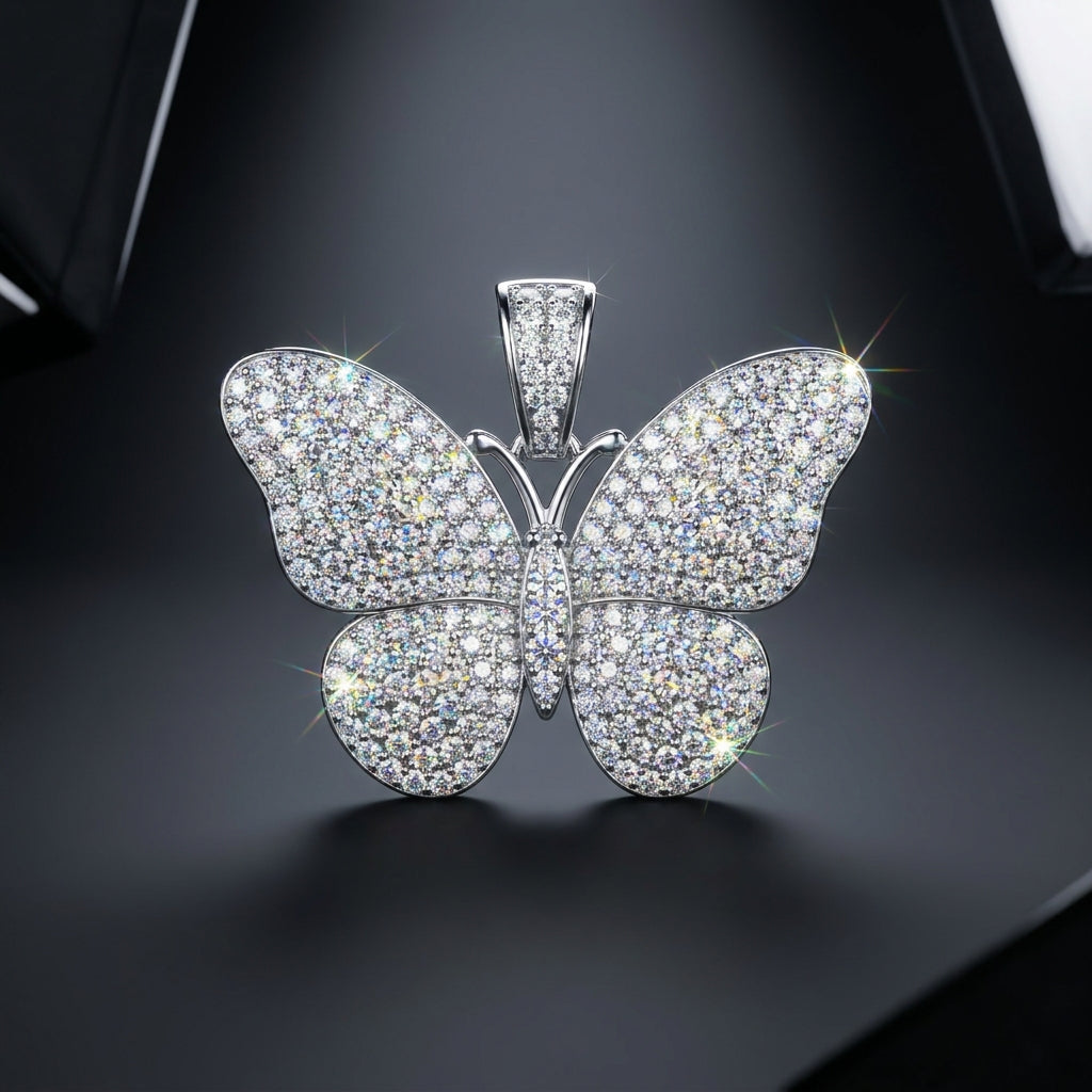 Iced Butterfly Pendant in sterling silver paved with moissanite