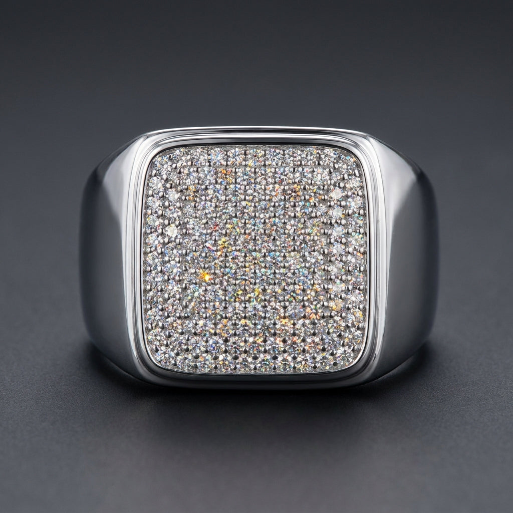 Moissanite Signet Ring in sterling silver with iced square face
