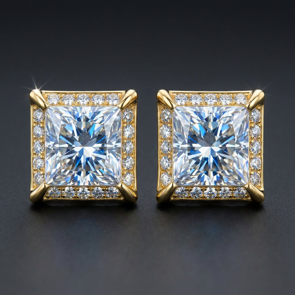 Iced Square Stud Earrings in gold paved with moissanite