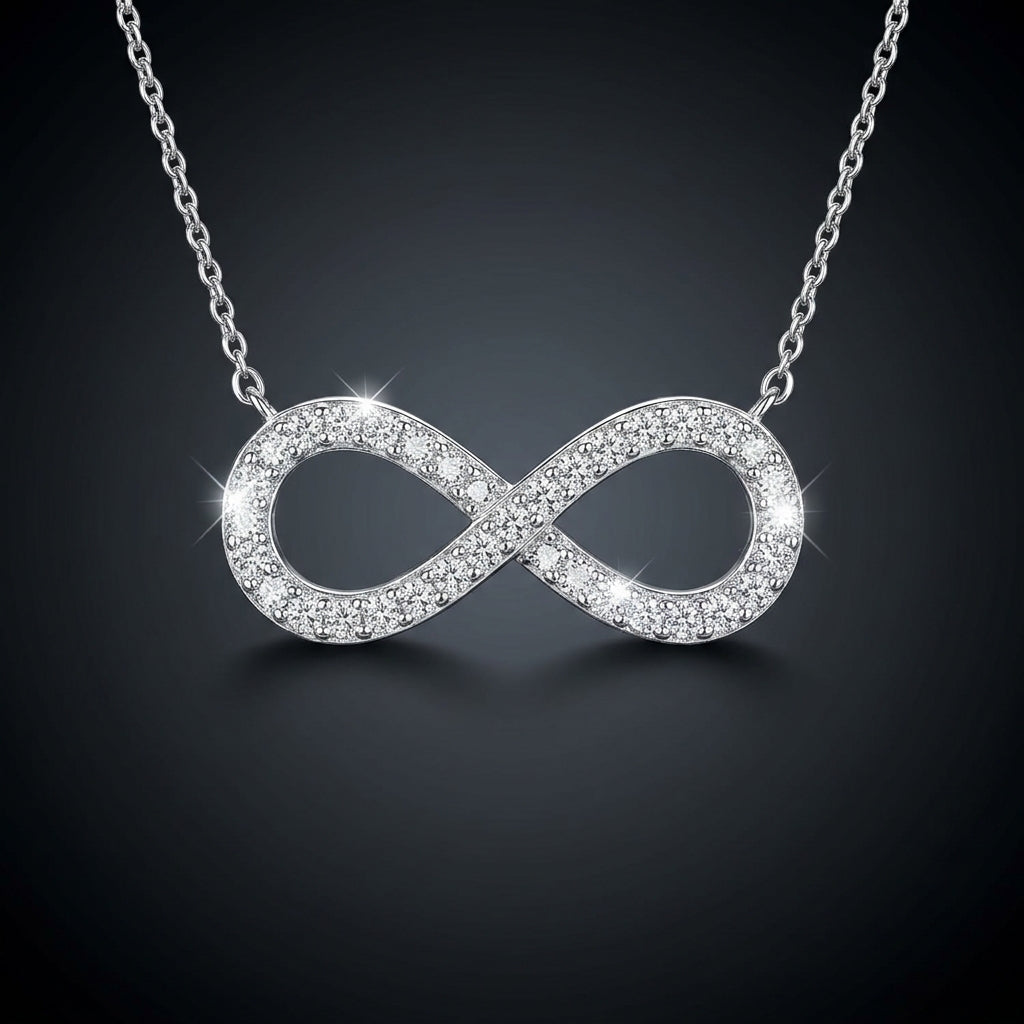 Moissanite Infinity Necklace in sterling silver paved with moissanite