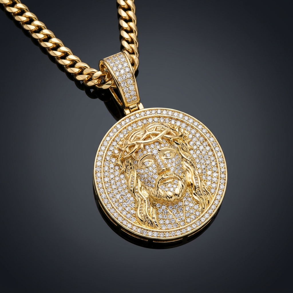 Iced Jesus Piece Pendant in gold paved with moissanite
