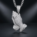 Iced Praying Hands Pendant in sterling silver paved with moissanite