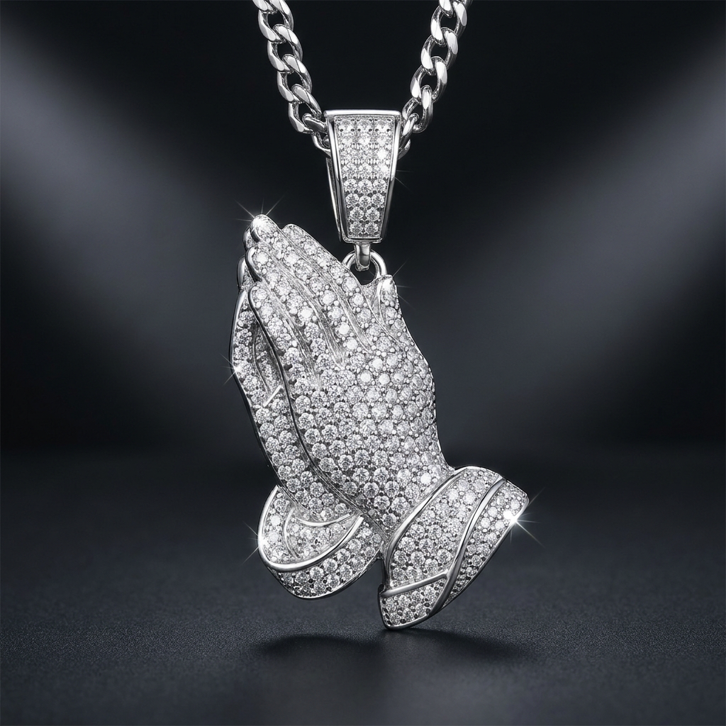 Iced Praying Hands Pendant in sterling silver paved with moissanite