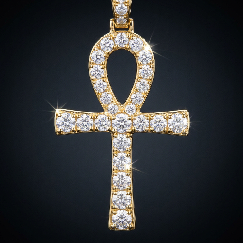 Iced Ankh Cross Pendant in gold paved with moissanite