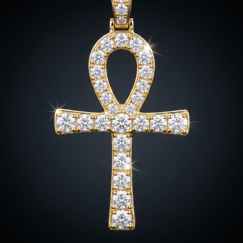 Iced Ankh Cross Pendant in gold paved with moissanite