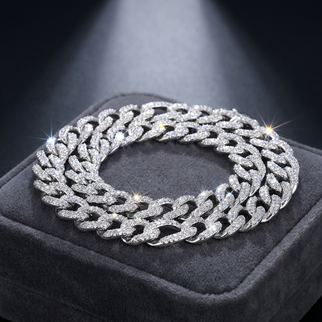 Iced Figaro Chain Necklace in sterling silver paved with moissanite