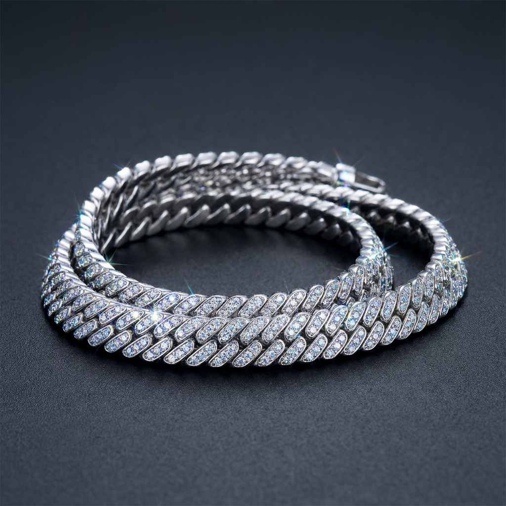 Iced Herringbone Chain Necklace in sterling silver paved with moissanite