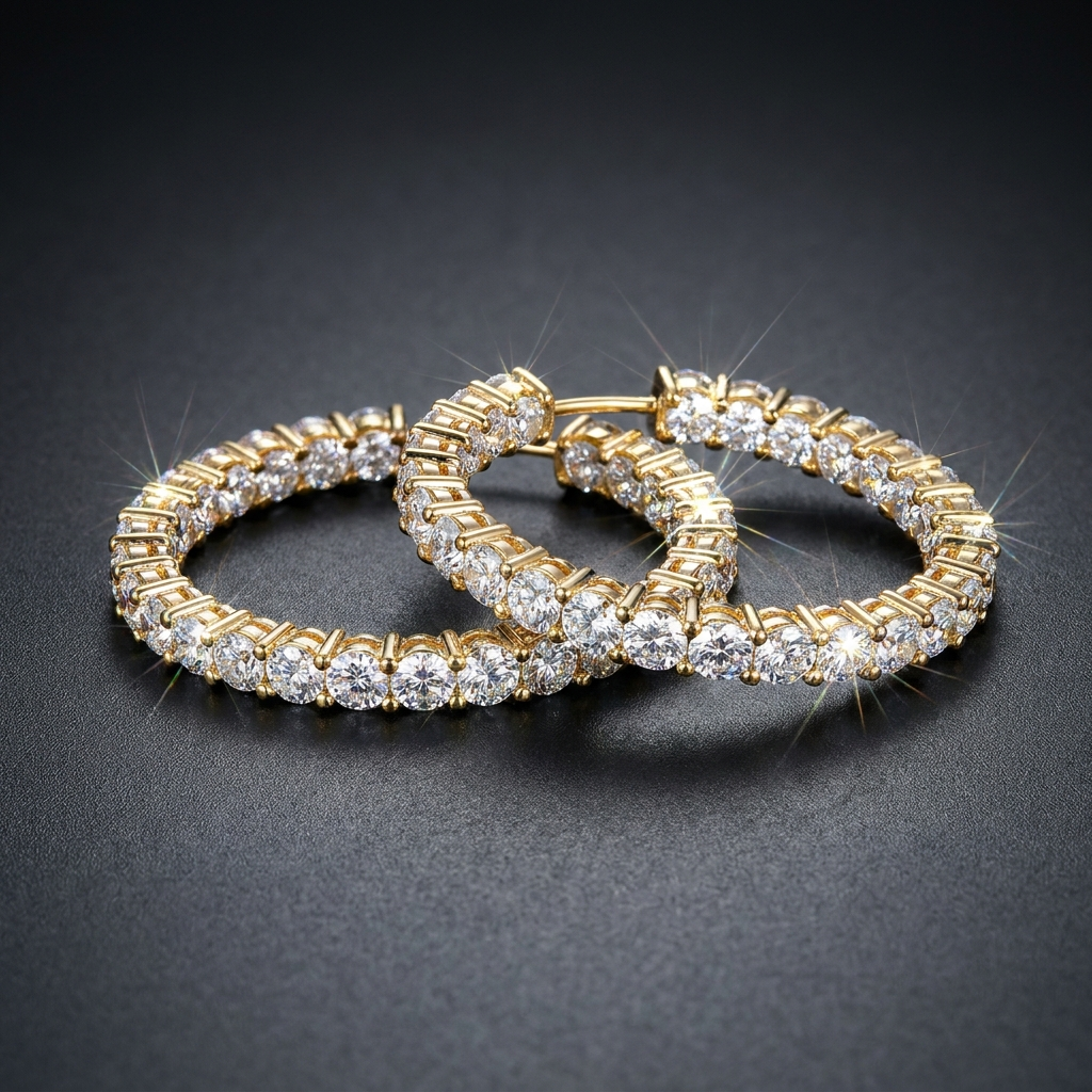 Iced Tennis Hoop Earrings in gold paved with moissanite