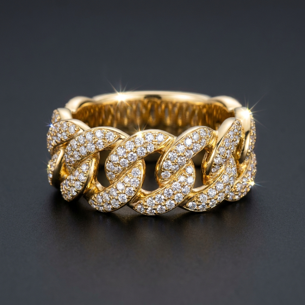 Iced Cuban Link Ring in gold paved with moissanite