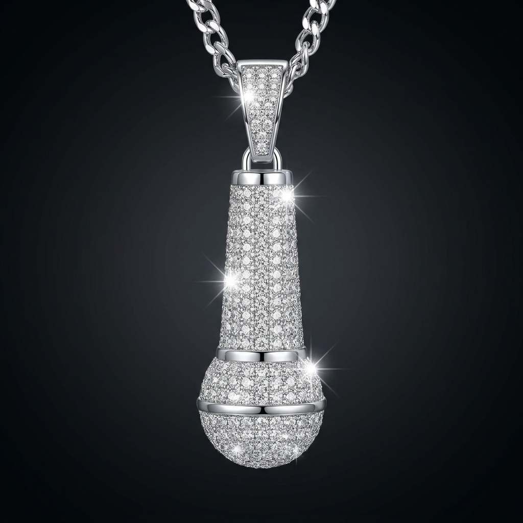 Iced Microphone Pendant paved with VVS moissanite