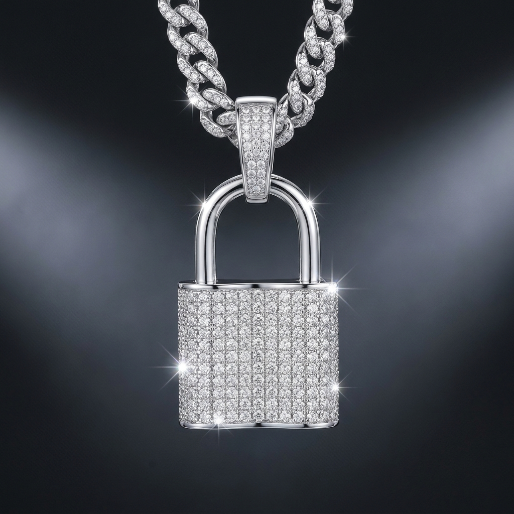 Iced Padlock Pendant paved with VVS moissanite