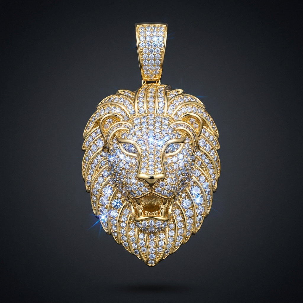 Iced Lion Head Pendant in VVS moissanite