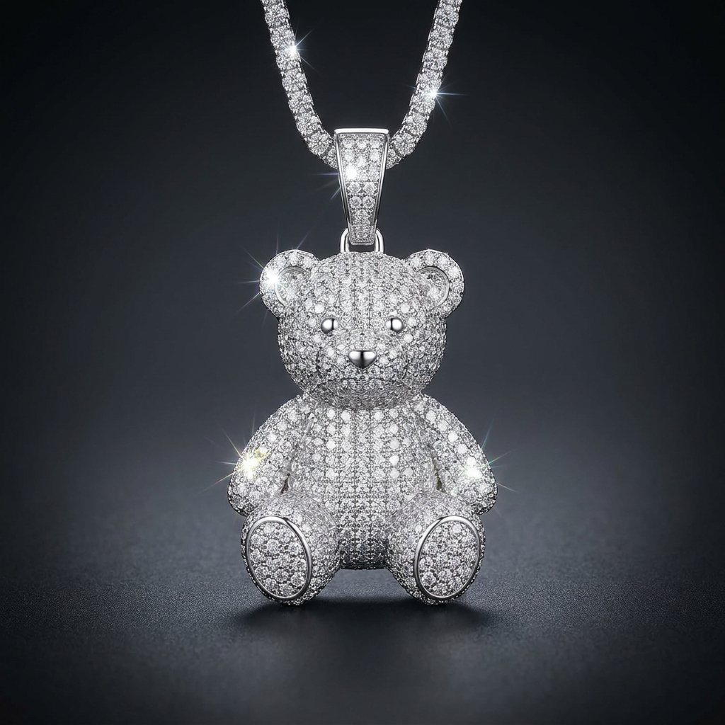 Iced Teddy Bear Pendant in VVS moissanite