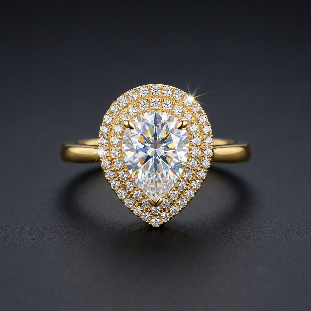 Moissanite Pear Cut Ring with pave halo