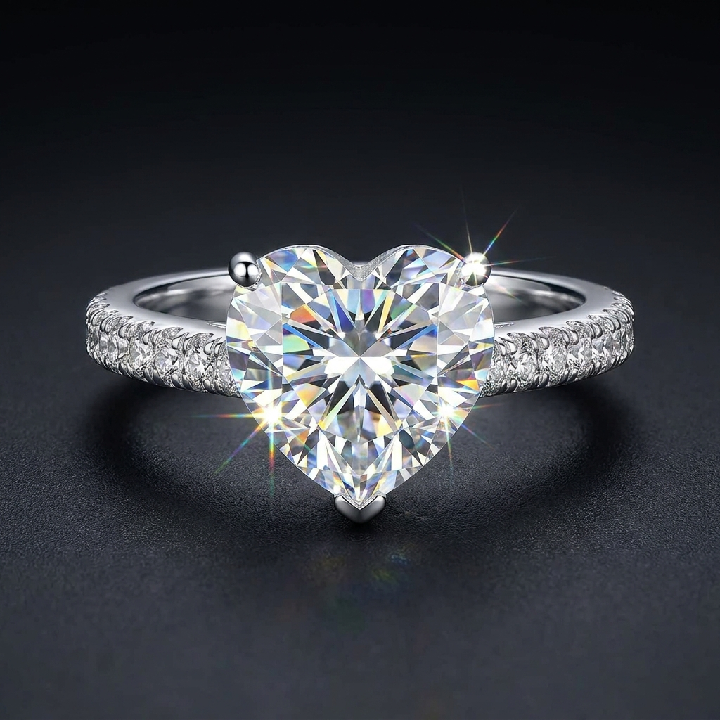 Moissanite Heart Cut Ring with pave band