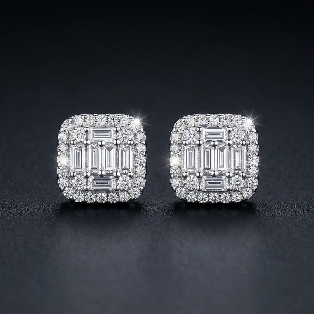 Iced Baguette Stud Earrings in VVS moissanite