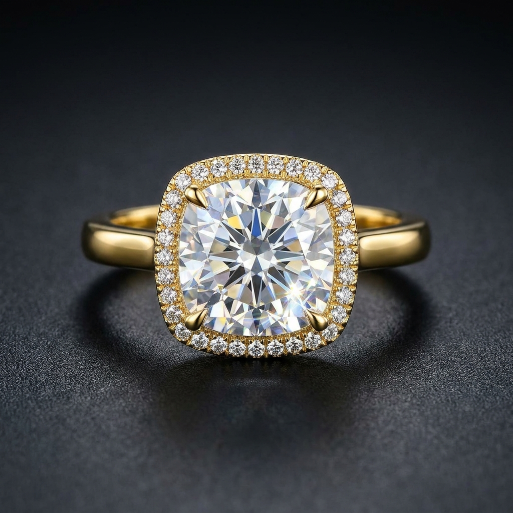 Moissanite Cushion Cut Ring with pave halo