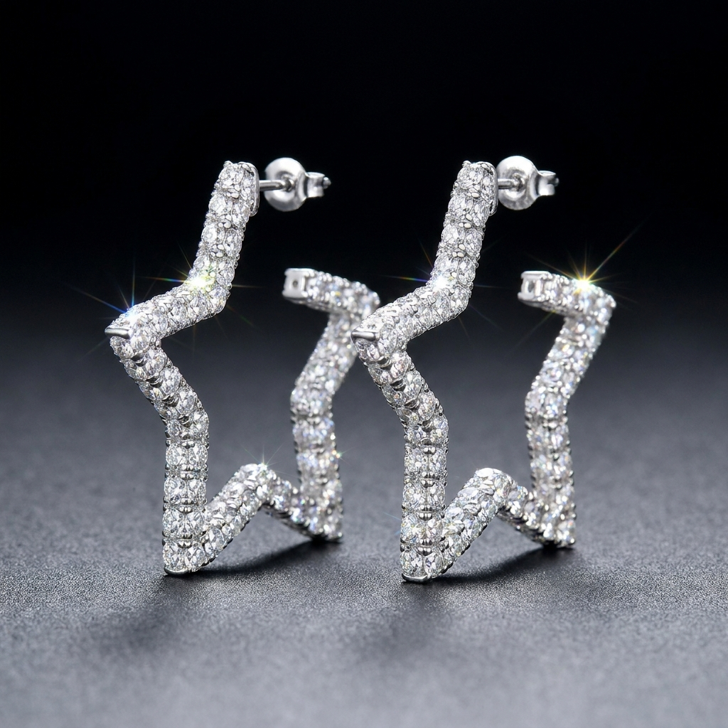 Iced Star Hoop Earrings in VVS moissanite