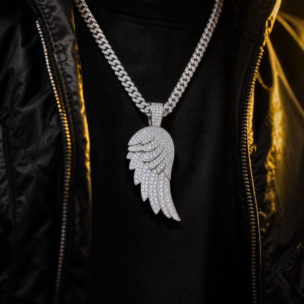 Iced Angel Wing Pendant lifestyle worn product shot