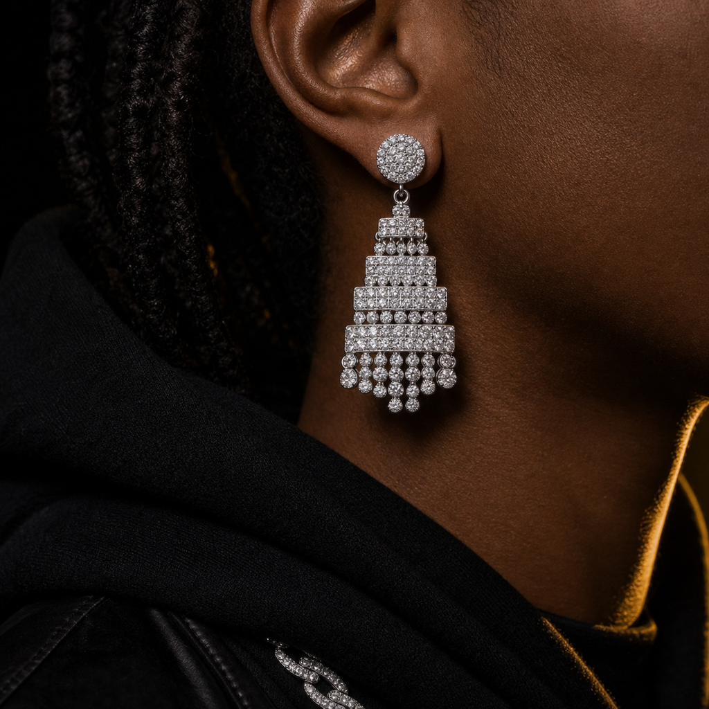 Iced Chandelier Drop Earrings lifestyle worn product shot