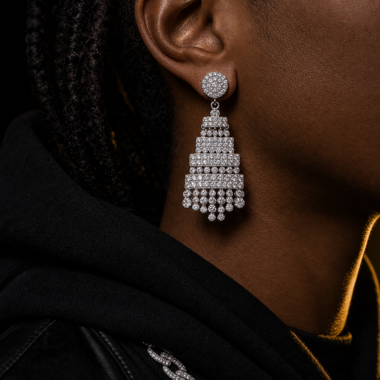 Iced Chandelier Drop Earrings lifestyle worn product shot