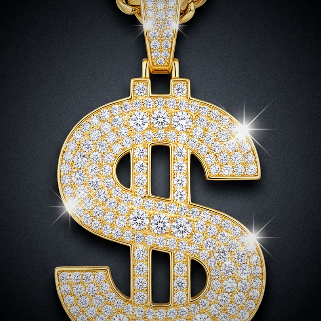 Iced Dollar Sign Pendant - close-up