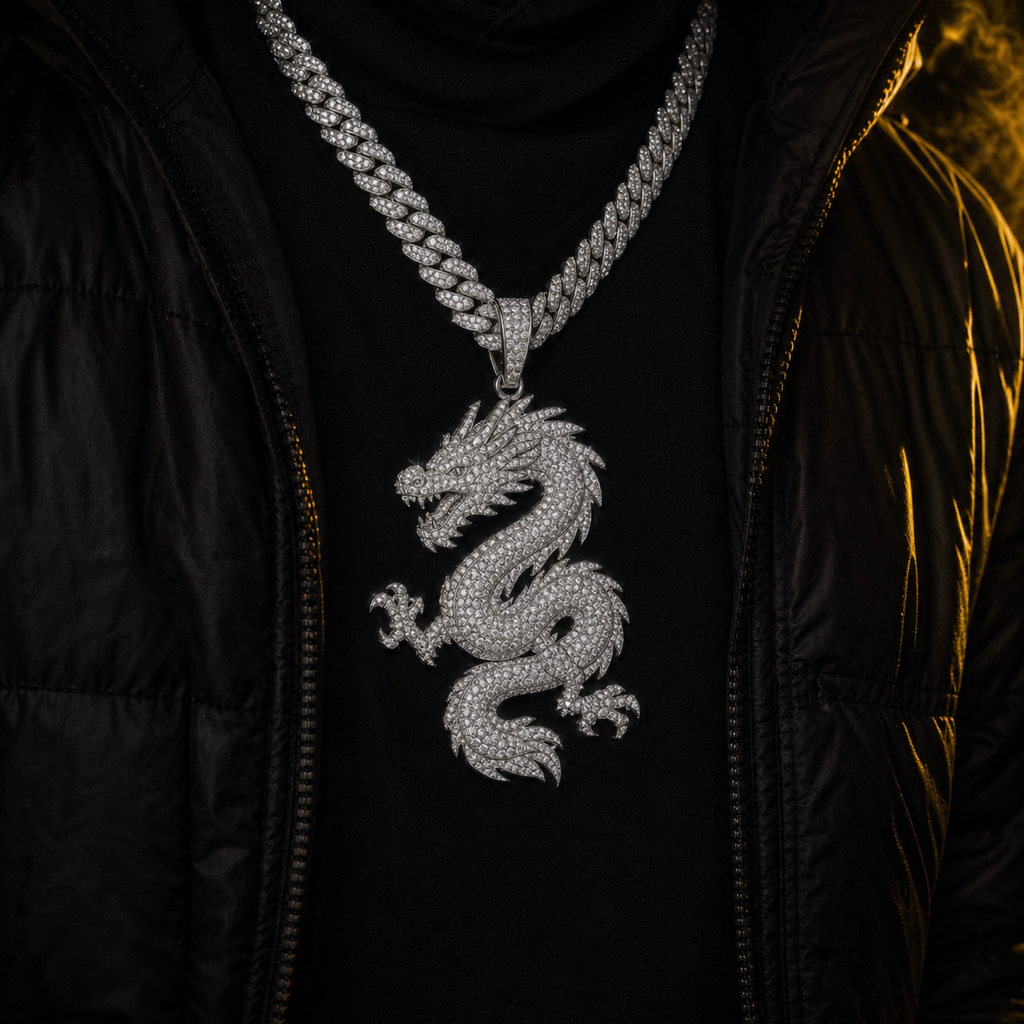 Iced Dragon Pendant lifestyle worn product shot