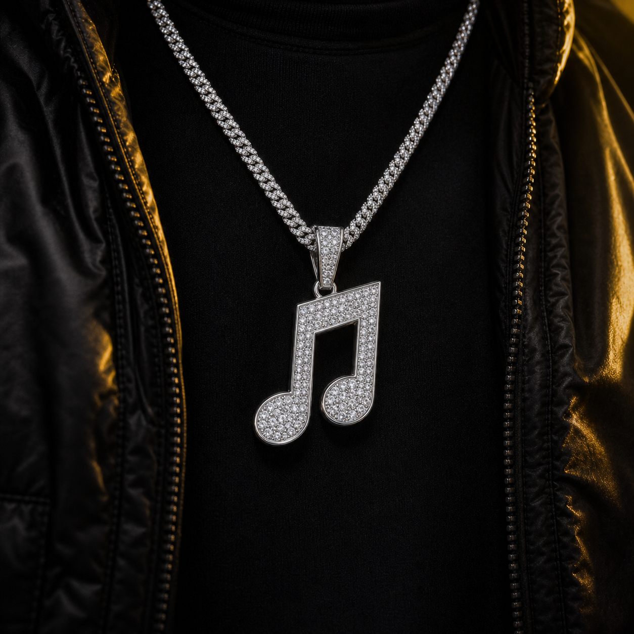 Iced Music Note Pendant lifestyle worn product shot