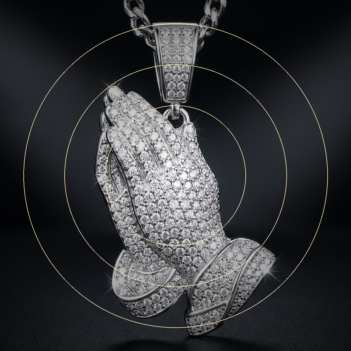 Iced Praying Hands Pendant - close-up