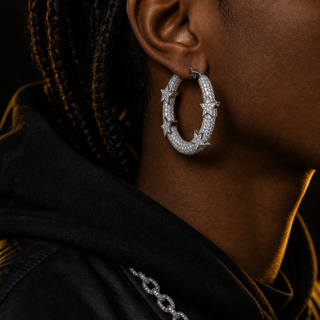 Iced Star Hoop Earrings lifestyle worn product shot