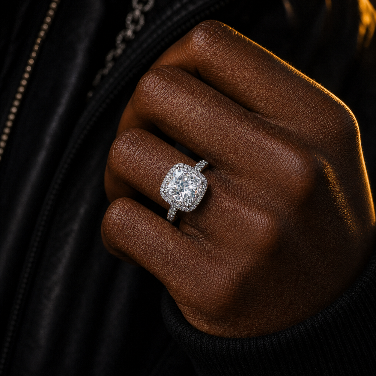 Moissanite Cushion Cut Ring lifestyle worn product shot