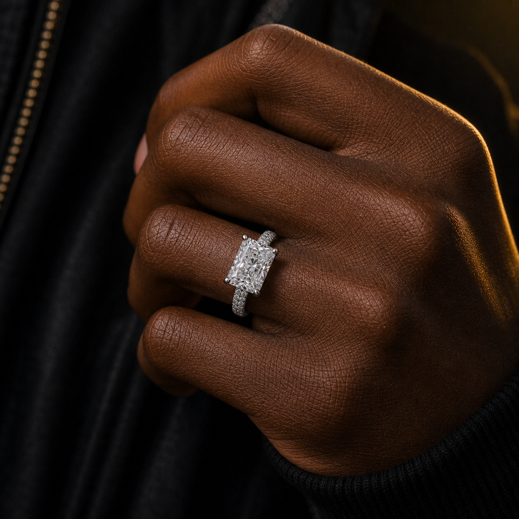 Moissanite Radiant Cut Ring lifestyle worn product shot